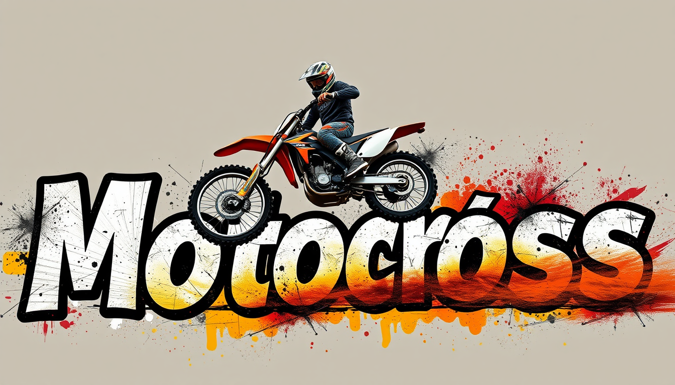 Professional art on the theme of motocross in the style of street graffiti, featuring an image of a motorcycle racer jumping while fully geared up, is skillfully combined with the text "Motocross" in the background. - Image