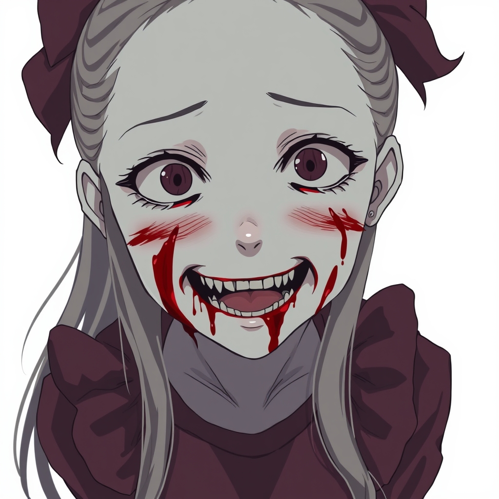 Girl with bloody cuts on the face creepy smiling, anime.