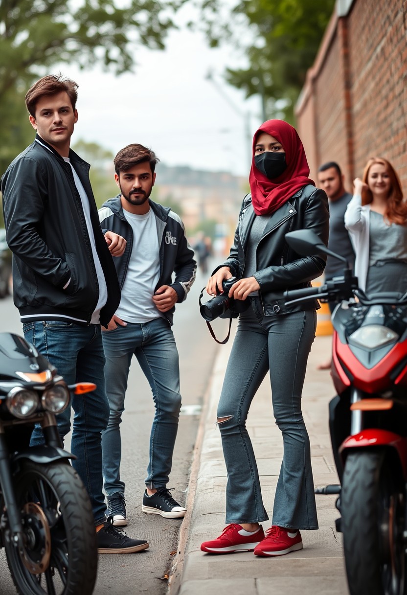 Jamie Dornan and Freddie Prinze, head and body shot, handsome, young, serious face, dark brown hair, white T-shirt, college jacket, skinny jeans, sneakers, standing, discussing with two guys and a short, slim Muslim girl in a red hijab, beautiful eyes, black face mask, black leather jacket, grey long T-shirt, bell-bottom jeans, red sneakers, holding a Canon DSLR camera, near a town road, superbike, hyper-realistic, street photography, brick wall, full-body photo, with five other randomly smiling friends in the background.