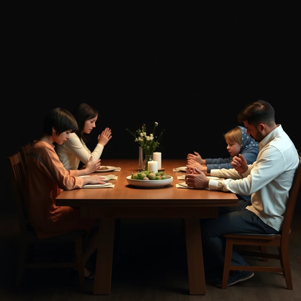 A family sitting together around a dining table praying, photorealistic, 1:1 ratio, serene, dark background, plenty of whitespace around the subject, arms folded in praying position and on the table.