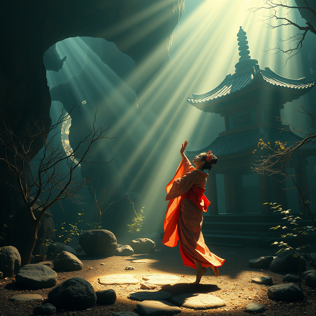 Peculiar environment with god rays, geisha dancer, 8K resolution, Blender - Image