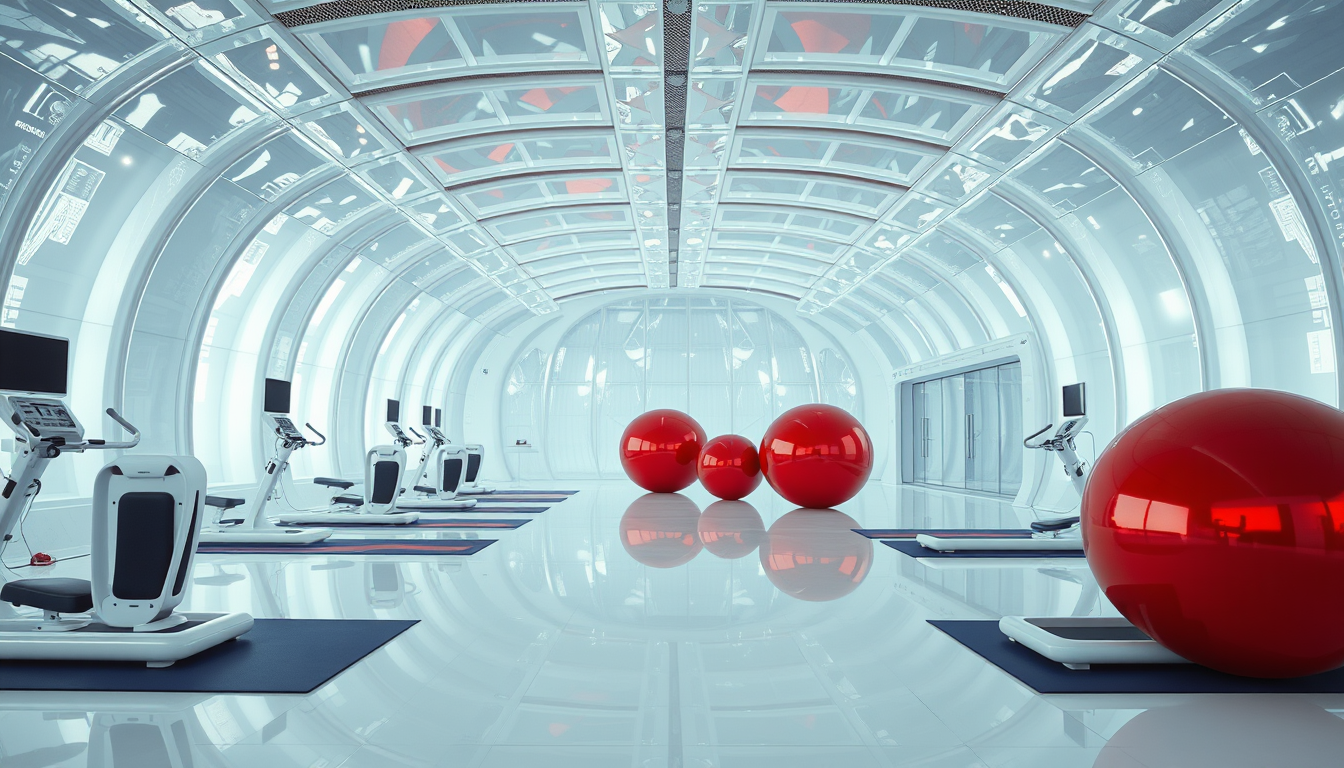 An eye-level, wide-angle shot of an empty fantasy, futuristic, and alien gym that features horizontally and vertically curved structures covered in white metallic reflective material. There are no people in it, only futuristic-looking training machines with white metallic frames, yoga mats, as well as many transparent glass partitions. In the background, there are a few spherical red objects with reflective, metallic surfaces that resemble large, smooth capsules. These objects are positioned on a sleek, ultra-white shiny floor that reflects their surfaces. The focus is on the sleek horizontally and vertically curved architecture covered in white metallic reflective material, and those futuristic-looking gym equipment. - Image