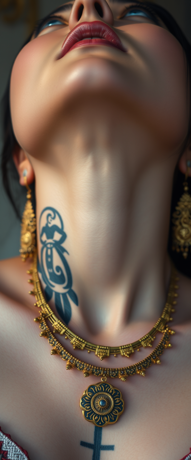 Close-up view of the chest and tattooed neck of a Korean Indian woman with white skin, beautiful facial features, and blue eyes, wearing gold ornaments while looking upwards.