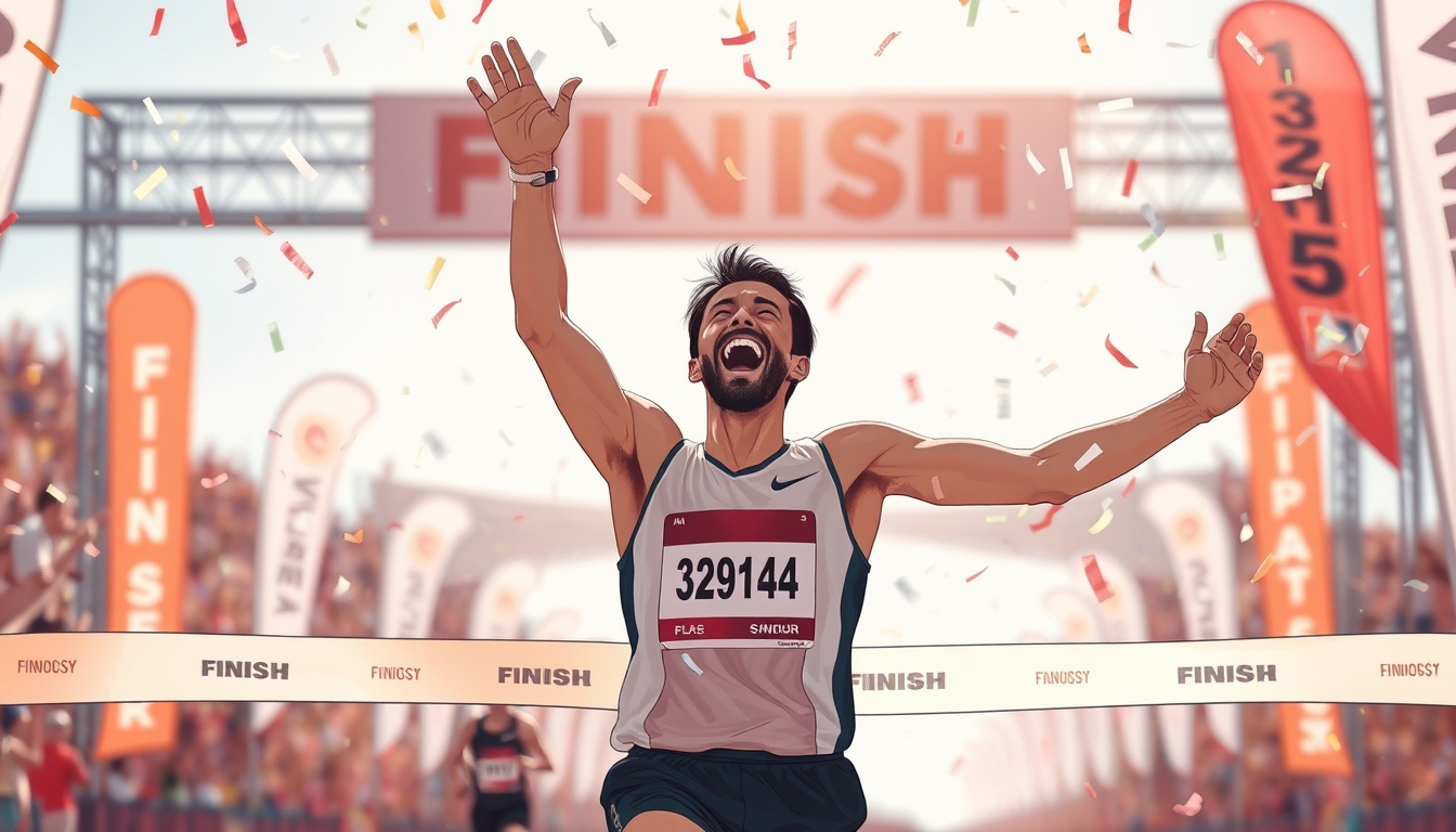 Triumphant athlete crossing the finish line, arms raised in victory, confetti falling, sunlight illuminating their face, intense joy and accomplishment, illustration.