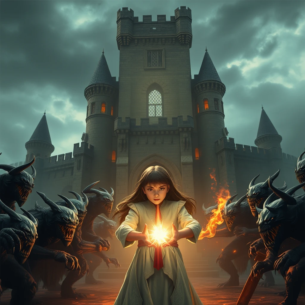 In front of an ancient castle, a group of dark creatures emerged. They come in various shapes, some with sharp claws, while others spew out blazing flames. The girl was fearless; she clasped her hands together and recited a mysterious spell from her mouth. In an instant, a powerful light shot out of her hand, illuminating the entire battlefield. The dark creatures roared in pain under the illumination of the light, but the girl did not stop. She constantly released her powerful energy and defeated the dark creatures one by one. Picas style, 3D rendering, ultra-high definition picture quality, 36k, -- niji 6.