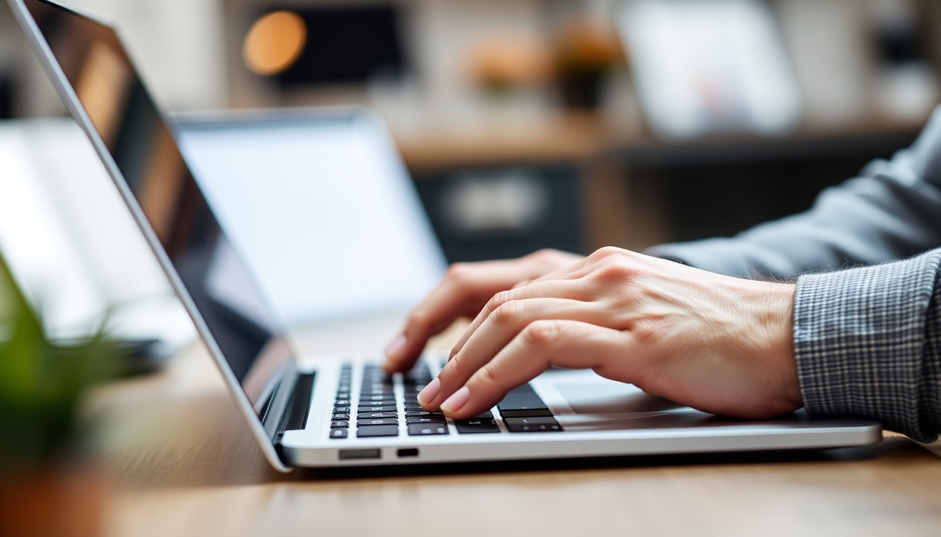 A man typing on a laptop with a blurry background.