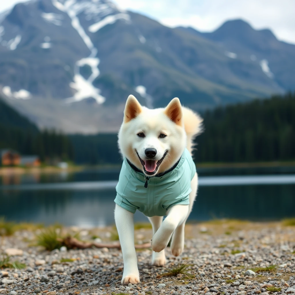 A Korean Jindo dog running around in the mountains of Canada. There is a mountain in the back and a lake in front. The dog's color is white. It is wearing a mint-colored windbreaker. The dog is 5 years old. - Image