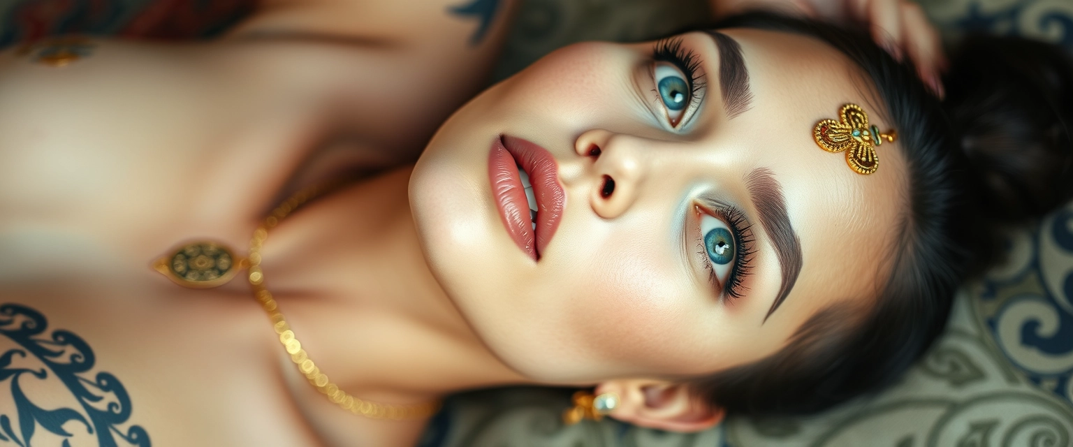 Shot of a tattooed body of a white-skinned Indian-Korean woman with beautiful facial features, a strong jaw, and blue eyes, wearing gold ornaments, looking up while lying down sideways. - Image