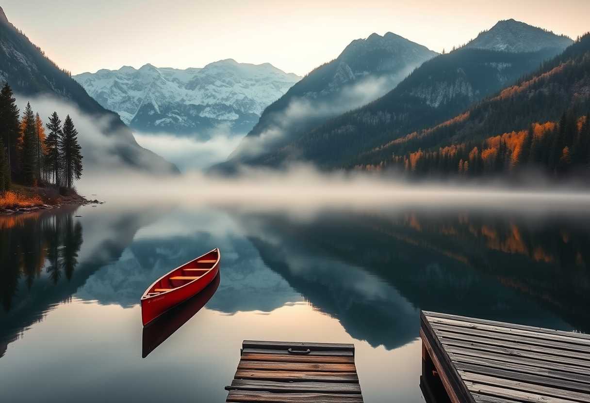 Peaceful, serene lake, mirror-like surface, misty morning, high quality, photorealistic, majestic mountains, pine trees, colorful autumn foliage, reflection, tranquil, secluded, remote, idyllic::0.7 kayaking, canoeing, wooden dock, rowboat, sunrise, sunset.