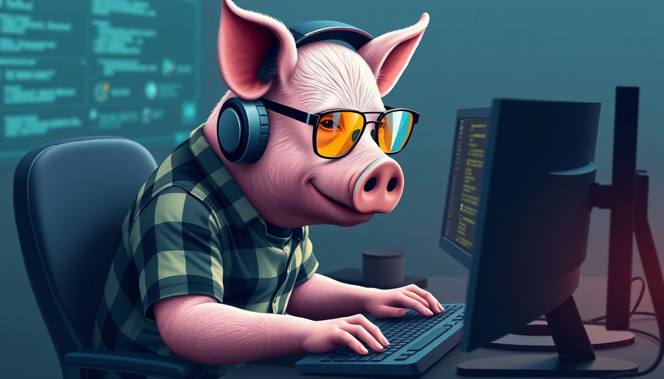 A tech-savvy pig coder, wearing yellow-tinted glasses and sleek noise-cancelling headphones, hunches over a cutting-edge multi-monitor setup. The anthropomorphic pig exudes focus, typing furiously. He is dressed in a plaid t-shirt. - Image