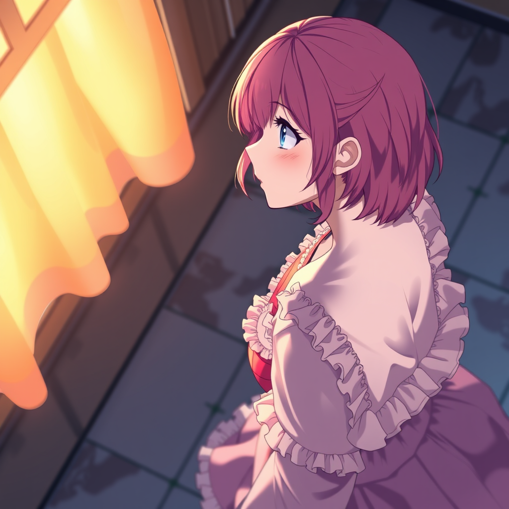 Anime art of a motherly woman, looking away, from above, pink hair, frilly dress, detailed scene, stunning details, trending on artstation, anime artwork, anime cel shading