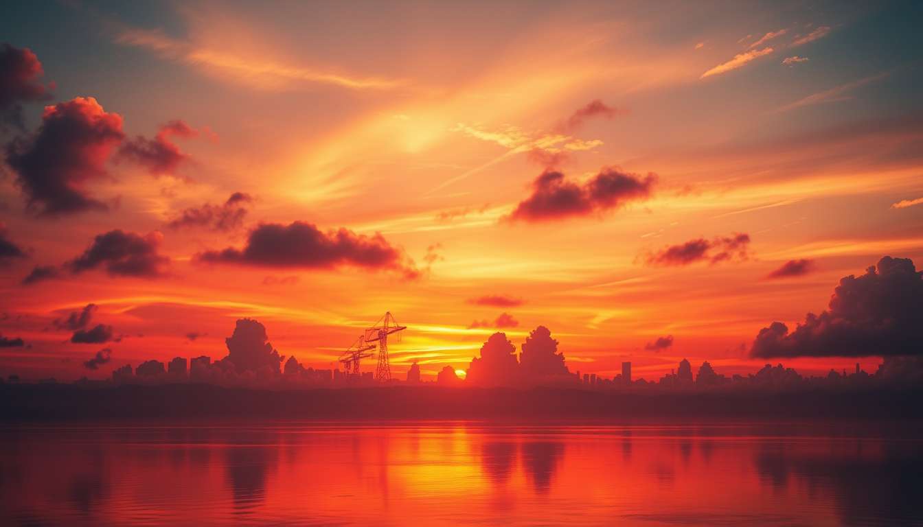 fiery sunset, clouds, high quality, photorealistic, evening sky, reflection, serene