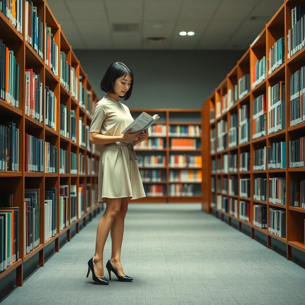 A young Japanese woman in a dress and black high heels is looking for books in the library. - Image