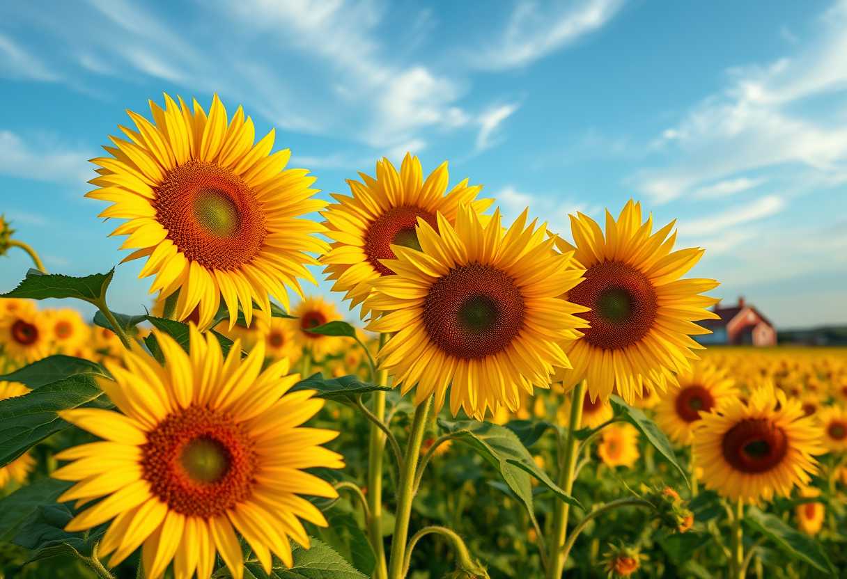 Vibrant, sunflower fields, golden blooms, high quality, photorealistic, summer, cheerful, idyllic, rural, panoramic, breathtaking, rural farmhouses, blue skies, windblown fields, sunset, floral arrangements. - Image