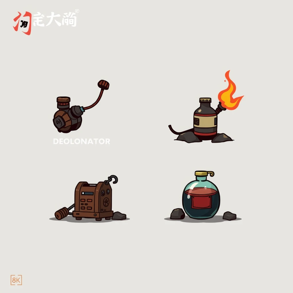 Design a set of game feature icons that blend Chinese ancient style with realism, ensuring the icons are clear: Detonator, Wires, Blasting Machine, Potion. The setting is depicted in 8K resolution, using a flat comic sketch style and graphic novel aesthetics, with dark and muted colors to enhance the adventurous and mysterious mood.