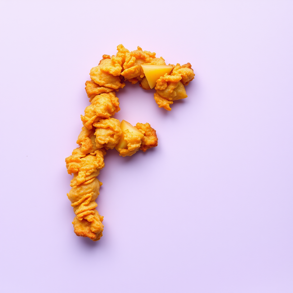 A letter "F" made of fried food in a light purple background, realistic photograph - Image