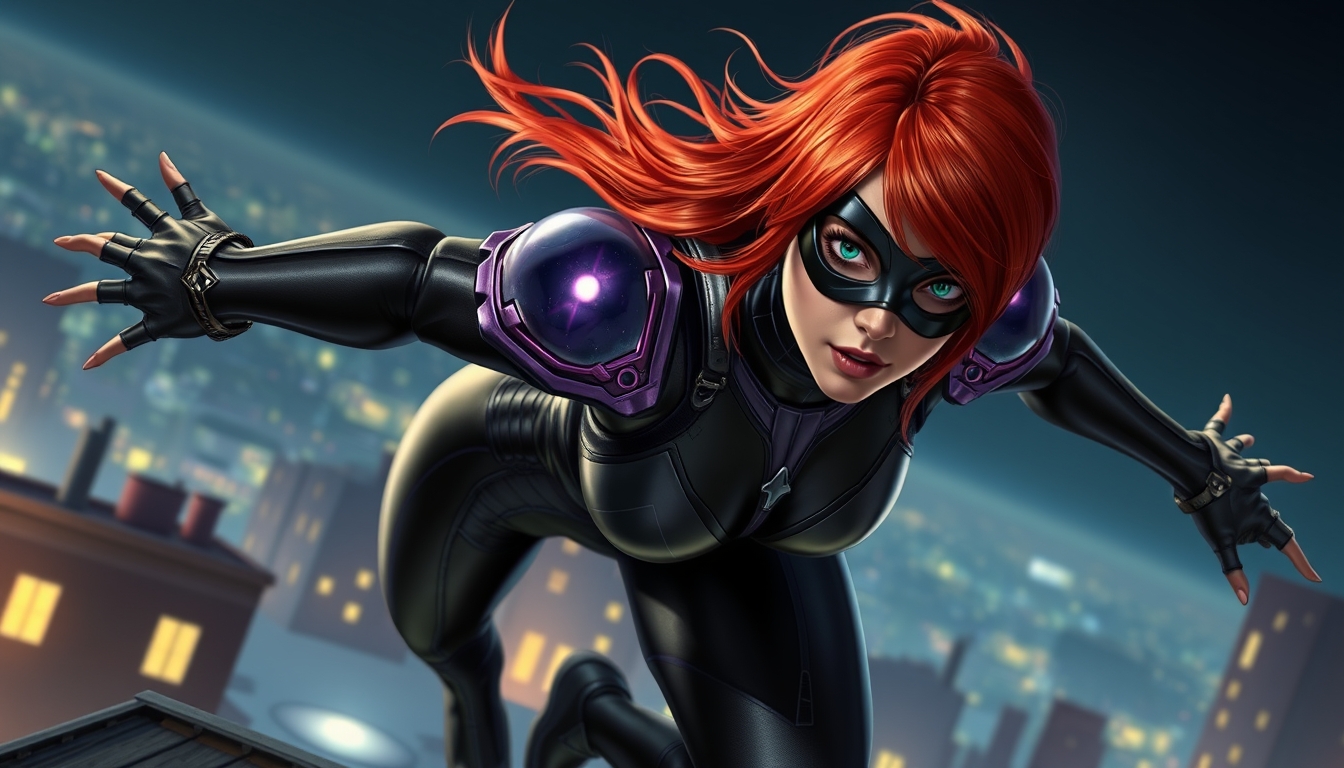 Red head with dark green eyes, metallic black eye mask, a black futuristic spandex outfit with dark purple armor on her shoulders, jumping rooftops in the night sky, realistic and dynamic appearance. - Image