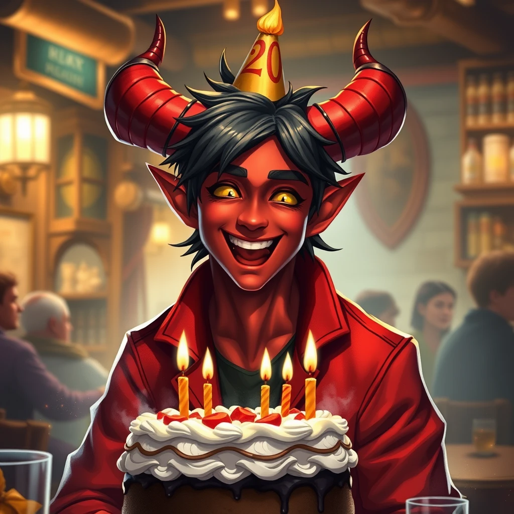 Fantasy hero, male tiefling 20 years old, red skin color, horns, black hair, laughing, birthday cake in front of him, in a red jacket, fantasy adventurer's clothes, in a tavern, young face, yellow eyes, birthday cap on his head, Bloodborne, glowing eyes, dark magic splash, gothic, magic splash, 3D vector art, watercolor effect, bokeh, Adobe Illustrator, hand-drawn, digital painting, soft lighting, isometric style. - Image