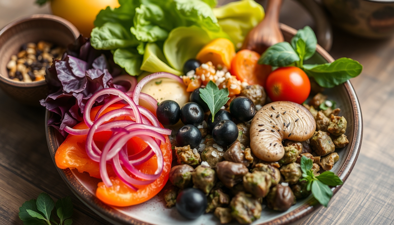 A beautifully composed shot of a healthy, plant-based meal, with vibrant colors and fresh ingredients arranged on a ceramic plate.