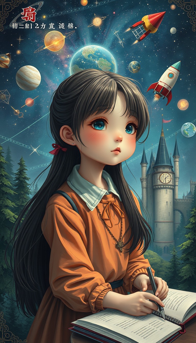 Poster, Children's Illustration Style, a young girl is daydreaming at school, imagining all sorts of magical things that are forgotten by the adult mind, Universe, Rocket, Scientific instruments, Castle, Forest, intricate ornate anime CGI style, realistic fantasy render, CGSociety and Fenghua Zhong, painted Todd Lockwood, paper art. Neo-impressionism expressionist style oil painting, smooth post-impressionist impasto acrylic painting, thick layers of colorful textured paint. Linquivera, Liiv1, cinematic photo, 4K, highly detailed. - Image