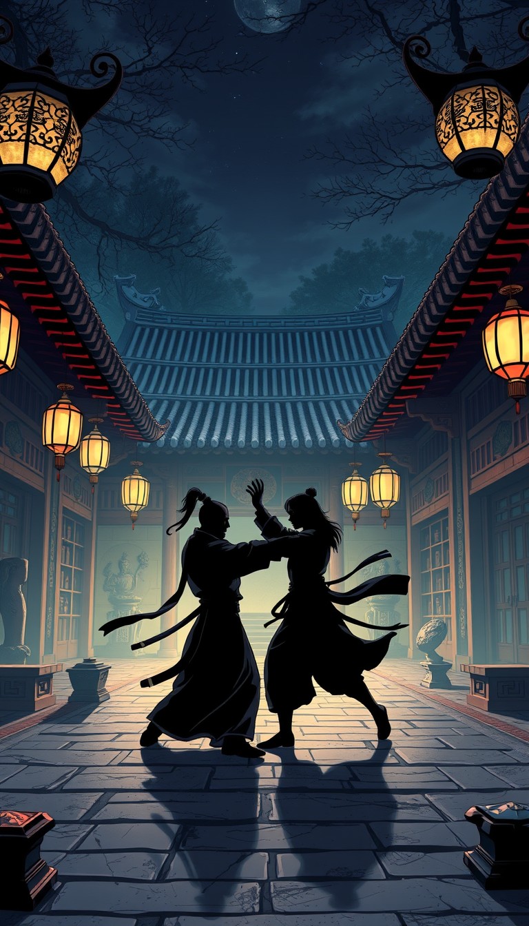 A high-resolution comic-style illustration of a duel between two martial arts masters in an ancient Chinese courtyard at night. Soft light highlights traditional patterns and antiques, with antique lanterns, stone carvings, and martial arts weapons in the courtyard. The silhouettes of two martial arts masters are shown in an intense duel, with the background conveying the mystery and grandeur of Chinese martial arts. - Image