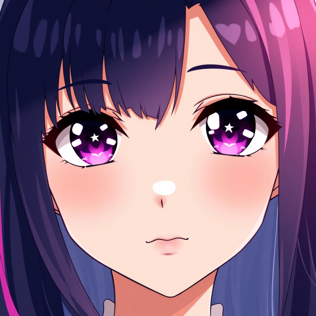 A beautiful young girl with dark purple and pink-colored eyes with white shiny six-star pupils. She has long indigo and purplish hair that reaches her waist and bangs with pink streaks in them. Anime art style. - Image