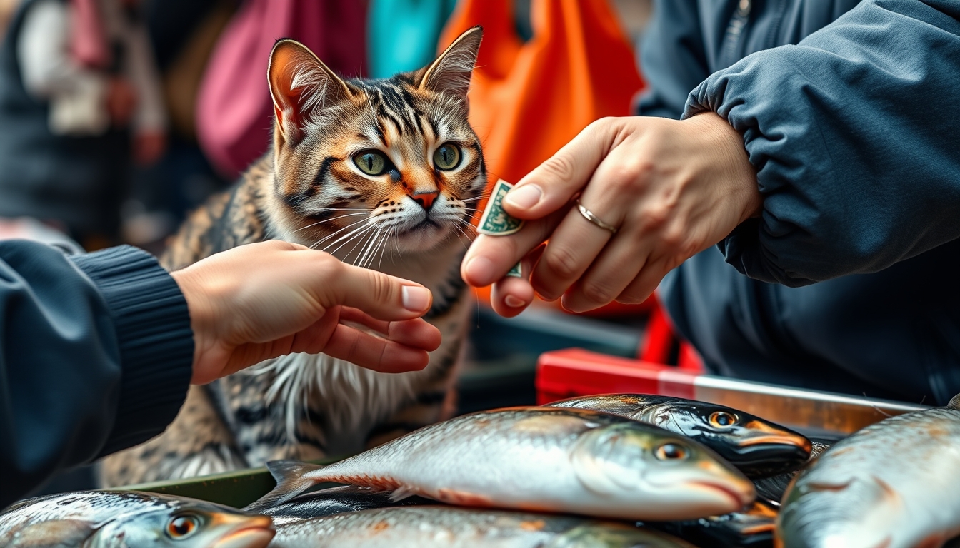 Image of a hand offering money to a fishmonger cat, holding fish, 8k, ultra detailed, at the market.