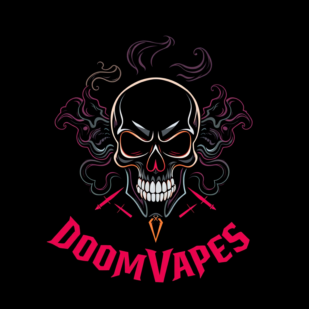 Logo for DoomVapes, a vape company, featuring a stylized skull exhaling intricate vapor clouds. Dark, gothic aesthetics with neon accents. Sleek, modern typography integrated into the design. Ominous yet alluring atmosphere. Balanced composition with skull centered. Cyberpunk-inspired elements. Matte black background.