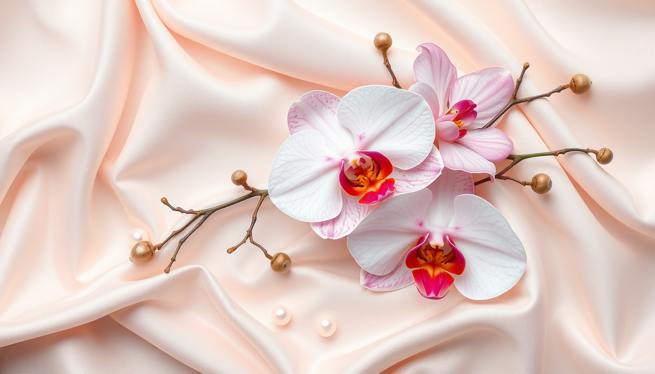 3D wallpaper with an elegant composition of orchid flowers and pearl threads on a background of delicate silk fabric, uniform clear focus, top view. - Image