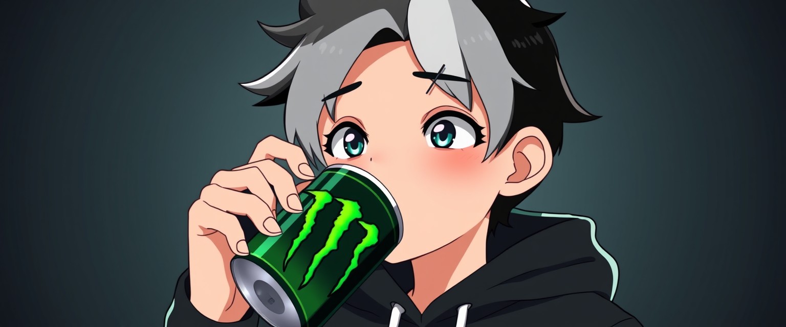 "animated boy with half white and half black hair wearing a black hoodie drinking Monster Energy"