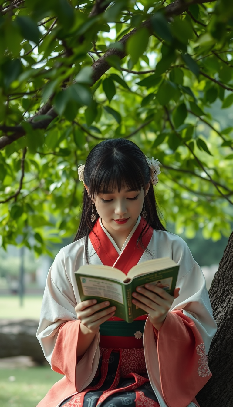 A Japanese beauty is reading a book under a tree. - Image