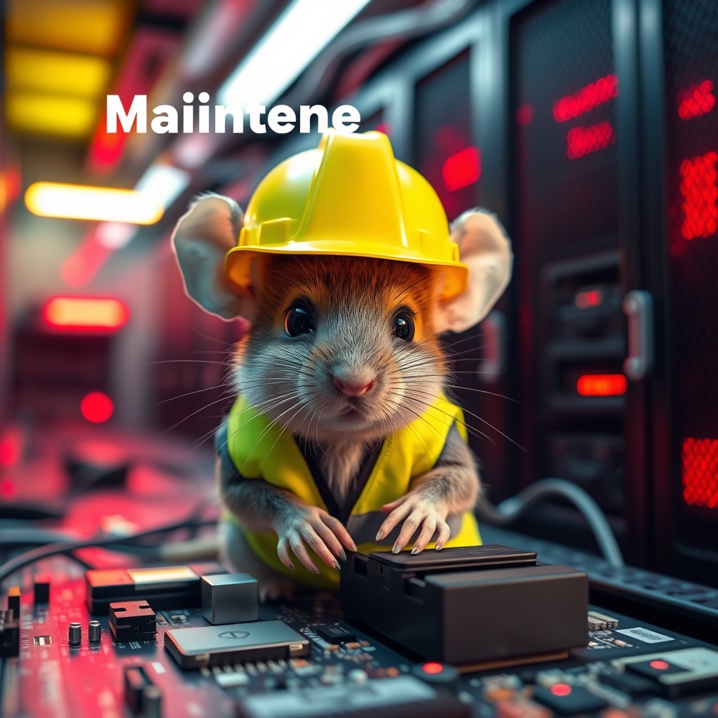 A small mouse with a hard hat and high visibility vest is repairing a circuit board; the mouse has a serious look in his eyes. The background shows a server room with red emergency lighting only, red ambient lighting, and emergency lighting, (Text background saying "Maintenance"). - Image