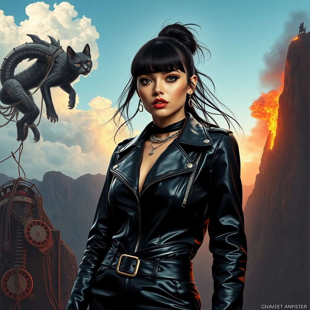 Fashion model beauty niji girl in black vinyl leather outfit, perspective pop rock fluo collage sci-fi steampunk machinery extra dust particle cloud octane render and paper art ink art Méliès, Jules Verne, big eyes creature from hell, burning mountain, sad human climbing the sky, giant spitz Pomeranian, wires and cables, electric.