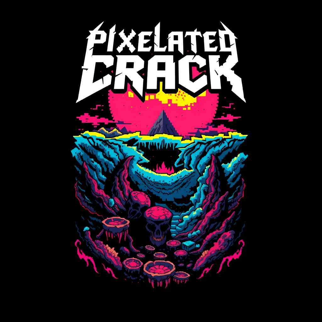 T-shirt design with a blocky, colorful 8-bit style of death metal blended with chiptune. The visual should be unique and striking but macabre, blended with beauty, and the band name is "Pixelated Crack" with a scene inspired by the deep sea. - Image