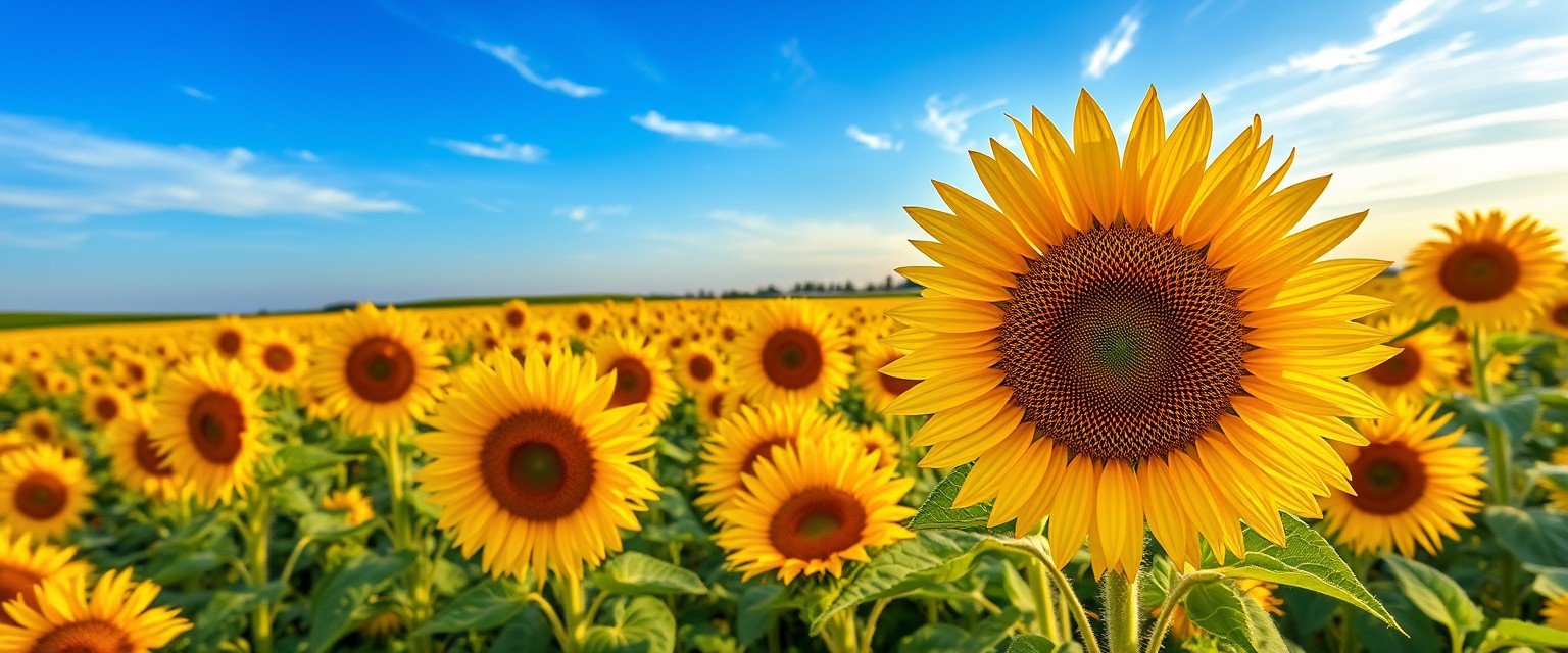 Vibrant, sunflower fields, golden blooms, high quality, photorealistic, summer, cheerful, idyllic, rural, panoramic, breathtaking, blue skies, windblown fields, sunset, floral arrangements.