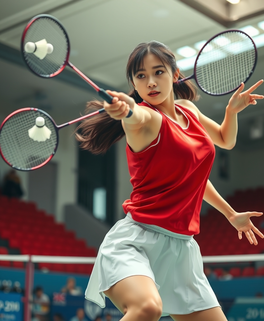 A detailed, realistic portrait of a young woman playing badminton in an indoor sports arena. The woman is wearing a bright red jersey and is mid-swing, her body in a dynamic, athletic pose as she focuses intently on the shuttlecock. The background is blurred, with glimpses of the court, net, and spectator stands visible. The lighting is natural and directional, creating shadows and highlights that accentuate the woman's features and muscular definition. The overall composition conveys a sense of energy, movement, and the intensity of the game. The image is highly detailed, with a photorealistic quality that captures the textures of the woman's clothing, skin, and the badminton equipment. 

A woman with a beautiful face like a Japanese idol, she is wearing a white pleated skirt.

Badminton rackets and shuttlecocks with dynamic swings and motion blur. Depiction of the human body with a flawless personality. - Image