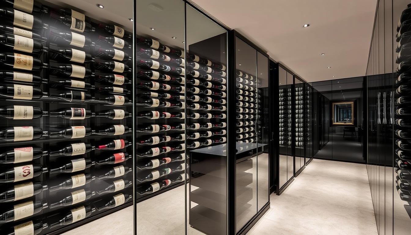 A sophisticated wine cellar with glass walls, showcasing a vast collection of bottles.