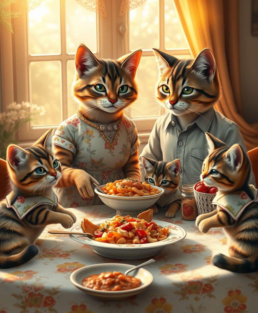 A touching image of a loving anthropomorphic feline family gathered around a beautifully laid table. The mother cat, dressed in a charming floral print dress, exudes pride as she serves a mouth-watering dish. The father cat, dressed in a shirt and shorts, smiles tenderly, not taking his eyes off his three adorable kittens. Each kitten is dressed in cute homemade clothes that reflect his personality. The warm and welcoming atmosphere is complemented by golden sunlight pouring through the windows, creating a cozy glow reflecting the love and happiness that this friendly family shares.