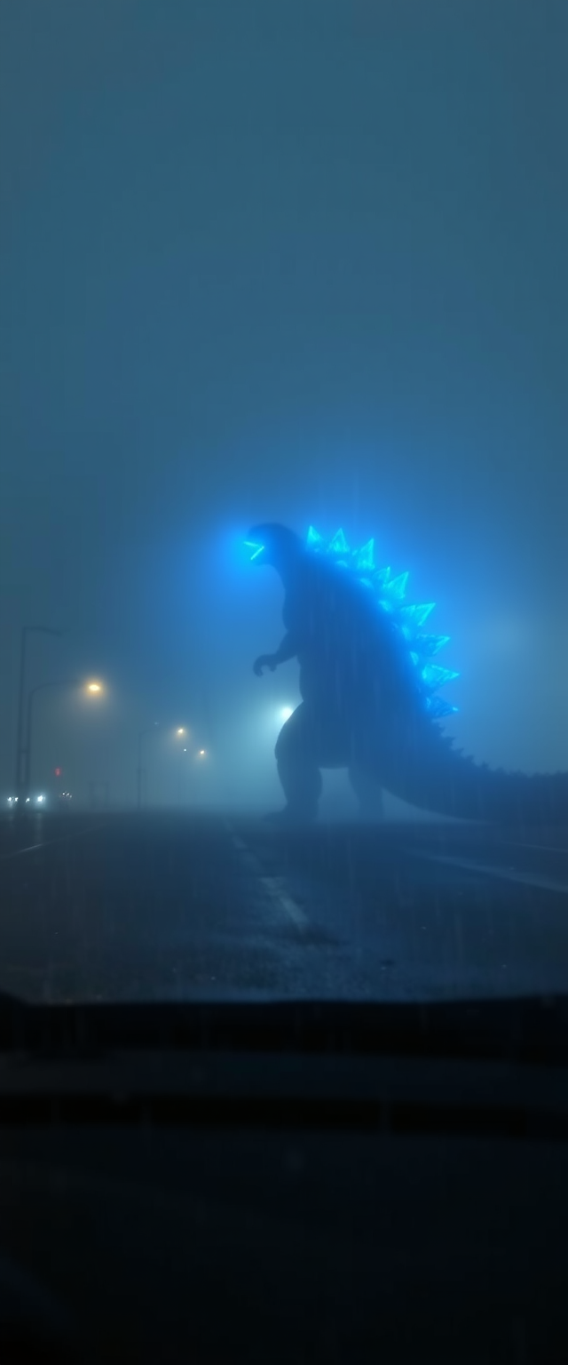 Photorealistic, lifelike, grainy, poor lighting, bad focus, shaking, rainy and foggy night, dense fog, distant view of a 100m high Godzilla charging its blue attack, amateur photo taken from behind the wheel, dirty and scratched windshield, amateur photo taken with a smartphone, very distant view, poor quality, barely visible, accidentally captured by smartphone camera out of focus, motion blur, low quality.