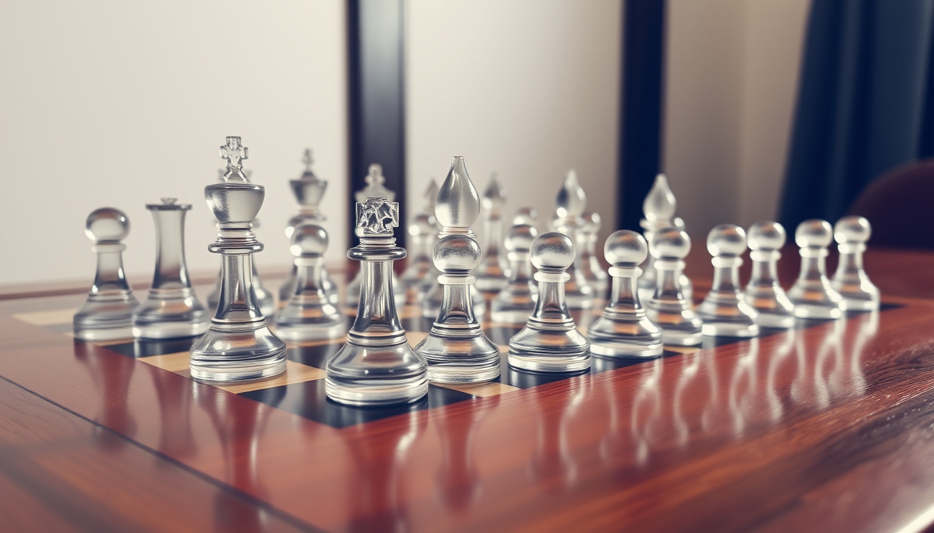 An elegant glass chess set on a polished wooden table, pieces mid-game.