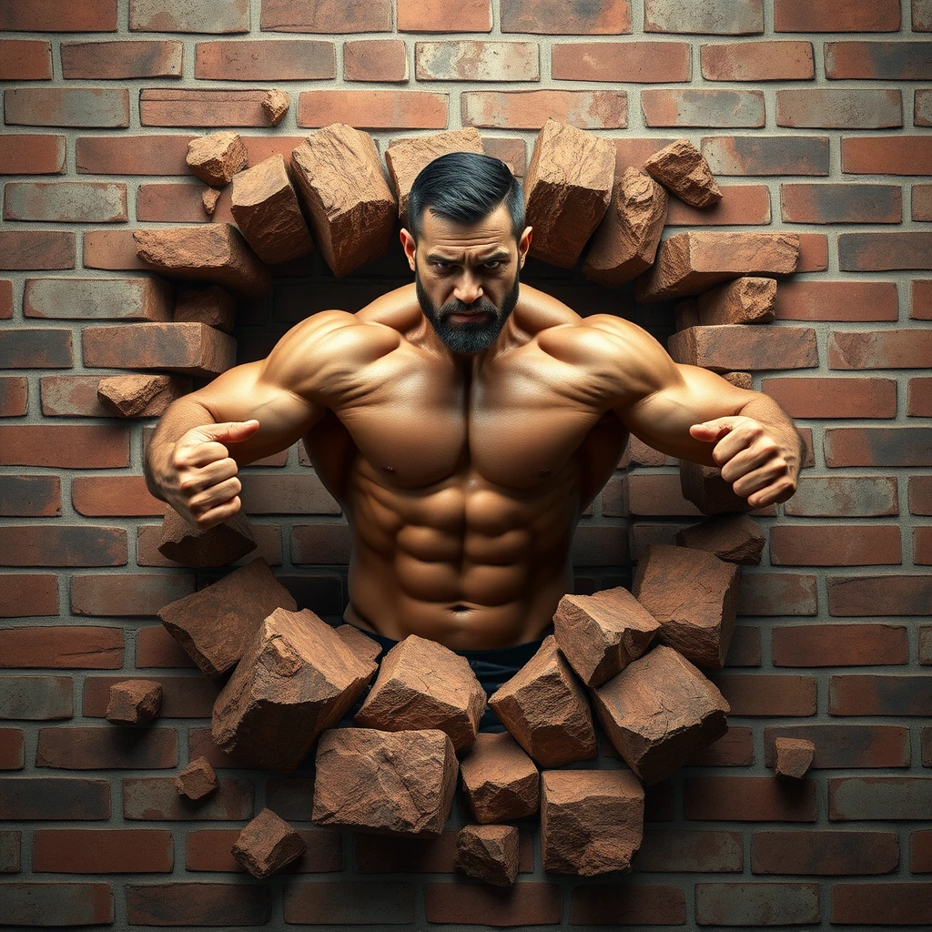 8k super high quality 3d image of a muscular man breaking through a brick wall