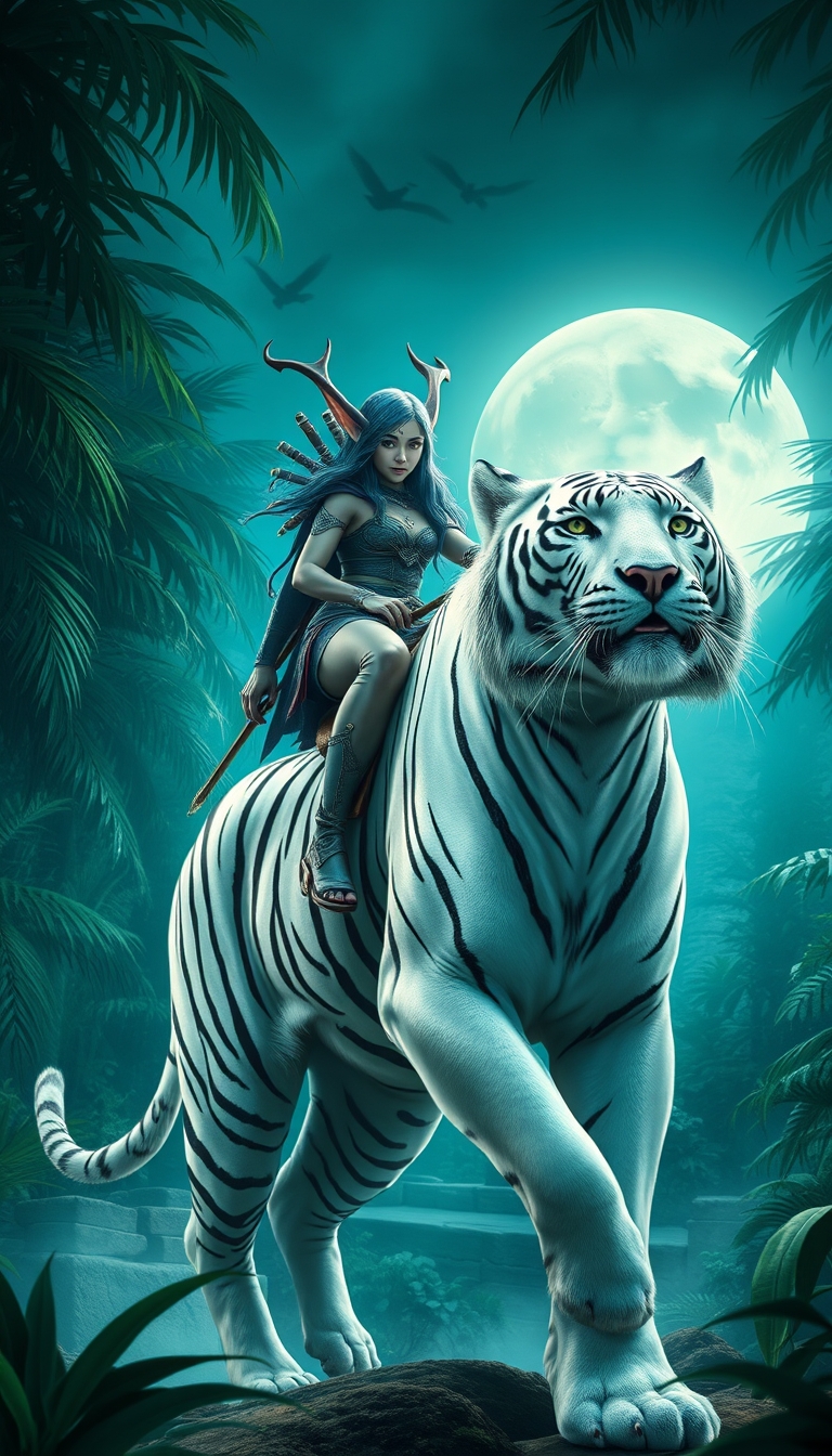 Night elf riding a white tiger, realistic style, ultra-clear quality, moonlight, jungle, bright colors, cinematic style, rich details.