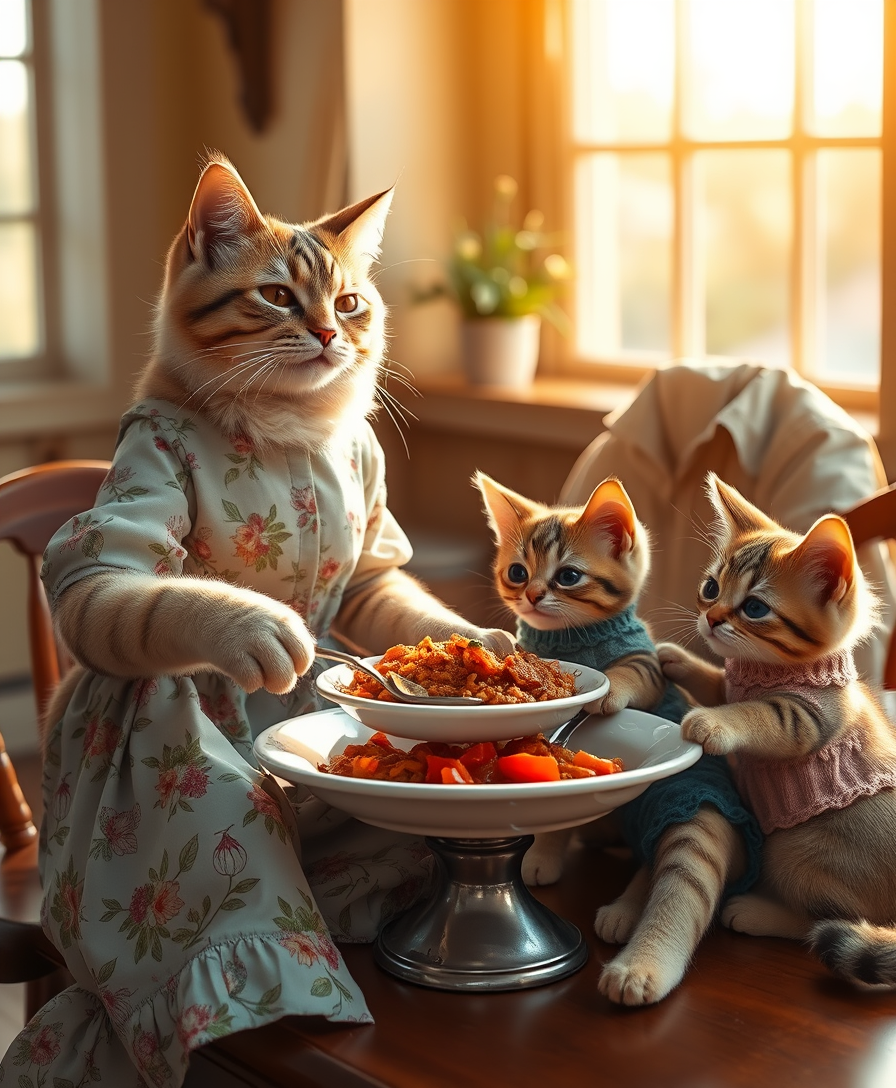 The mother cat, dressed in a charming floral print dress, exudes pride as she serves a mouth-watering dish. The father cat, dressed in a shirt and shorts, smiles tenderly, not taking his eyes off his three adorable kittens. Each kitten is dressed in cute homemade clothes that reflect his personality. The warm and inviting atmosphere is complemented by golden sunlight pouring through the windows.