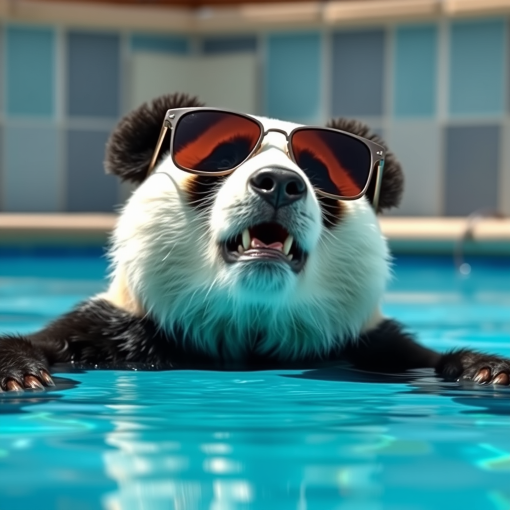 A panda with sunglasses looking cool inside a pool. - Image