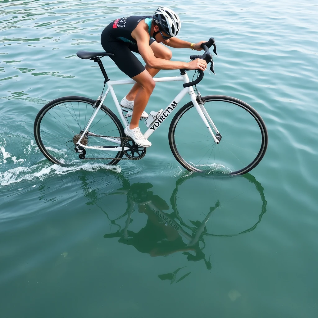 An athlete is riding a road bicycle across the surface of the water, with the wheels splitting the water's surface in half.