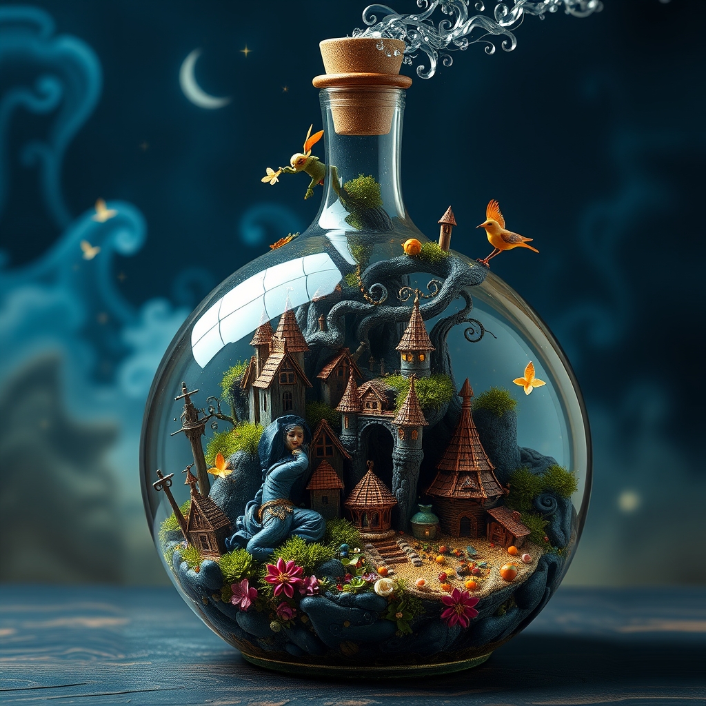 best quality, reality-shot, realism, realistic photography of an elaborate bottle with whimsical elements, magical fairytale landscape, fantasy style art, dark blue theme, intricate details, ultra sharp, exquisite detail, flawless composition, vivid colors, masterpiece, exciting background.