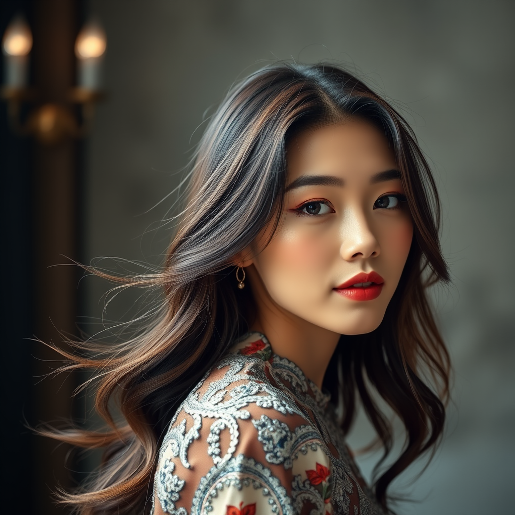 Graceful Korean model, exuding charm and poise, captured in a high-fashion photography setting that harmoniously combines artistic elements with a touch of allure. The image highlights a refined presentation of elegance, featuring high-definition textures and meticulous lighting, showcased in an elegant aspect ratio, full-body.