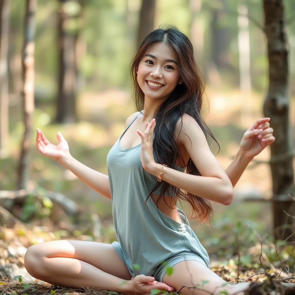 Concept: Portray a woman as a nature spirit, engaged in athletic activities.  
Style: Natural materials, bare feet, or sandals.  
Setting: Forests, fields, or rivers.  
Pose: Yoga poses, interacting with nature.  
Lighting: Use natural light to create a soft and warm atmosphere.  
  
22-year-old girl, Korean idol, ((Short bridge of the nose)), ((High, slender nose)), young, cute, smile.