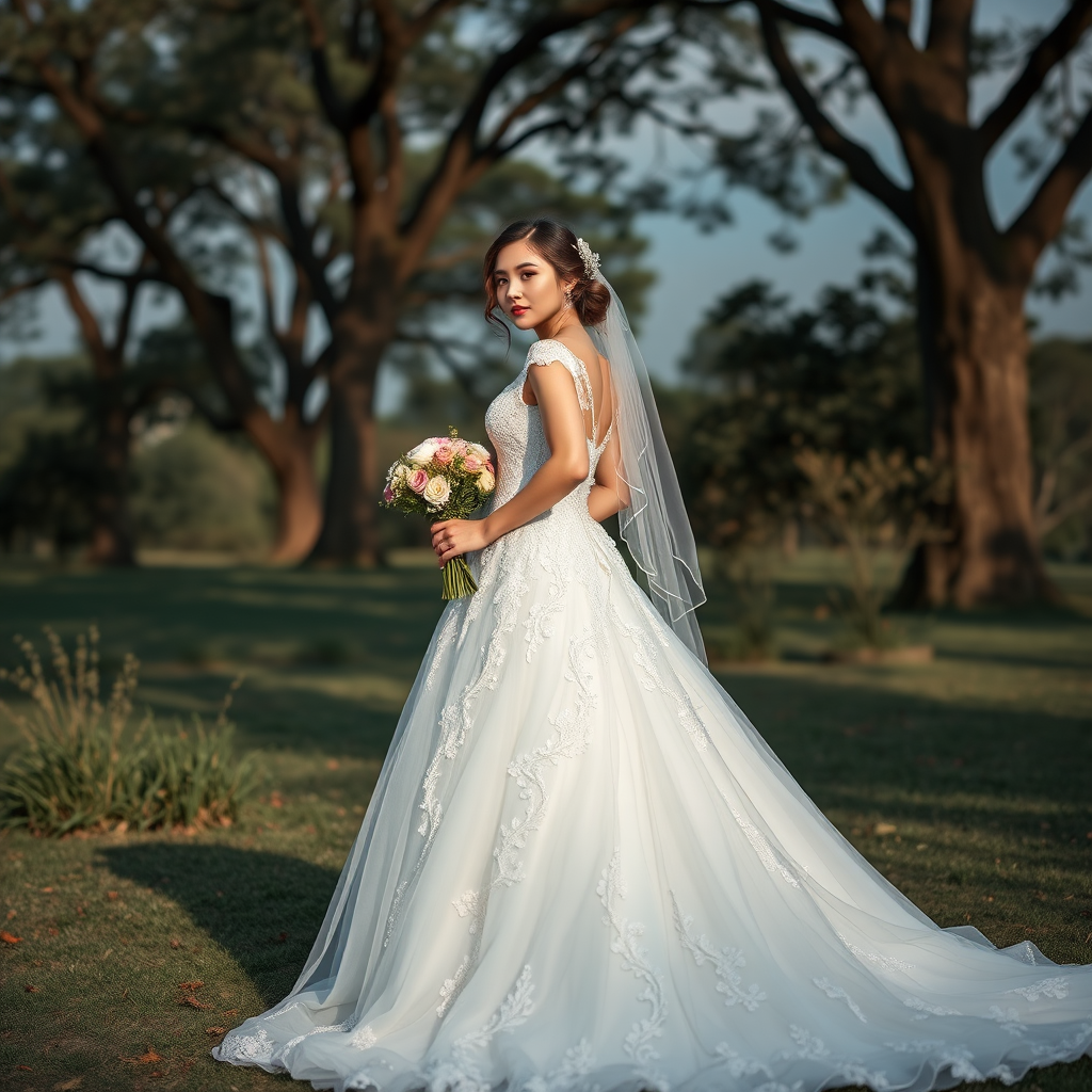 ((best quality)),((masterpiece)),(high quality:1.1),(photography:1.1),(wallpaper:1.1),full_detail,4k,HDR,(1girl:1.1),beautiful,full body,outdoors,wedding dress