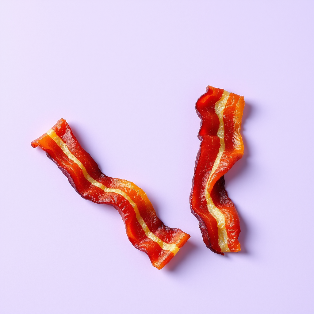 A letter "F" made of fried bacon in a light purple background, realistic photograph - Image